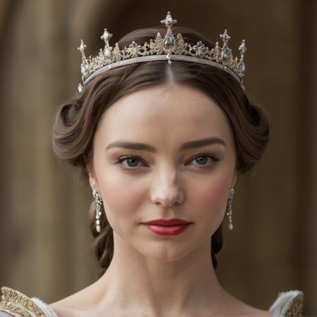 Portrait photo of an actress dressed as a medieval queen with a delicate tiara on her head, Nikon Z9, realistic matte skin, skin texture visible, (sharp focus), (high quality)