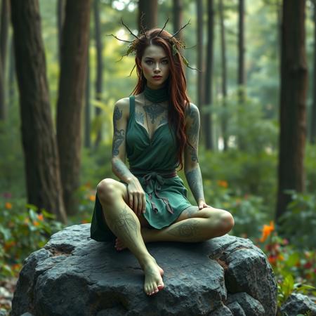digital artwork featuring a female figure seated on a weathered stone in a forest setting. The subject has green skin and is wearing a sleeveless short green tunic which reveals many elaborate mystical tattoos, her feet are bare. Her facial features are sharp and ethereal, with long, flowing hair that appears to be made of vines and leaves. She has a crown of branches and leaves.  The background consists of tall trees and a lush, green forest with colourful flora. long shot, deep focus, high quality