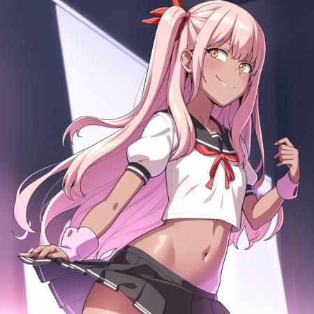 best quality 1girl, chloe von einzbern, solo, dark-skinned female, long hair, skirt, dark skin, homurahara academy school uniform, pink hair, school uniform, smile, black skirt, one side up, navel, short sleeves, looking at viewer, puffy sleeves, shirt, puffy short sleeves, pleated skirt, white shirt, skirt lift, clothes lift, midriff, ribbon, hair between eyes, orange eyes, bangs, skirt hold, collarbone, neck ribbon, red ribbon, closed mouth, bow, best quality  <lora:TekuhoUlt_v1:0.8>