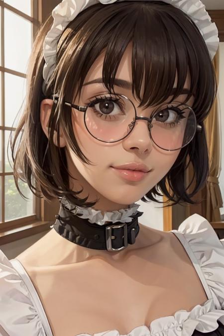 looking at viewer, (portrait, close up:1.2), parted lips,
lexupdog, 1girl, lips, short black hair, blunt end bangs, brown eyes, glasses, french maid outfit, frills, collar,
realistic, picturesque, indoors, daytime, maid cafe, bustling, depth of field,
 <lora:lexupdog_v3-04:0.8>