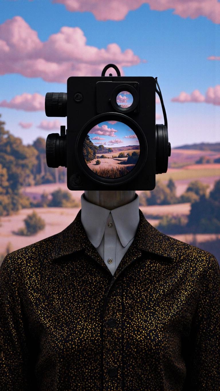 A person wearing a dark speckled sweater over a light gray collared shirt, with an elaborate black camera apparatus completely replacing their head. The camera device features multiple lenses and adjustment knobs, with the main circular lens displaying a clear landscape scene of rolling hills, trees, and grassland beneath a cloudy sky. The subject stands against a blurred background of the similar pastoral landscape visible through the camera lens, with soft natural lighting creating pink and blue tones in the cloudy sky. 