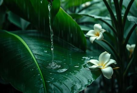 Cinematic photography, rainwater pooling in hollow of tropical leaf resembling body curve, droplets sliding down like sweat, oversized gardenia floating in water, setting: steamy greenhouse at downpour, mood: primal release, lighting: raindrop-refracted jungle light, color theme: emerald and creamy white, camera: ARRI Alexa Mini