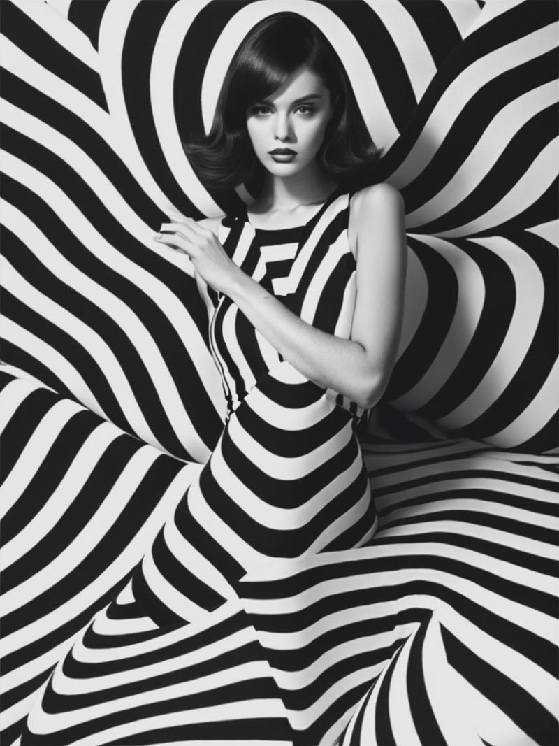 A black and white photo of a woman in a dress standing in front of a striped pattern wall.