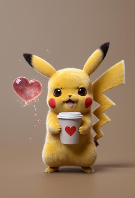 chibi, adorable Pikachu, holding a coffee, heart bubbles, extremely detailed, realistic, simple background, fluffy, 8k, masterpiece, lightning bolts