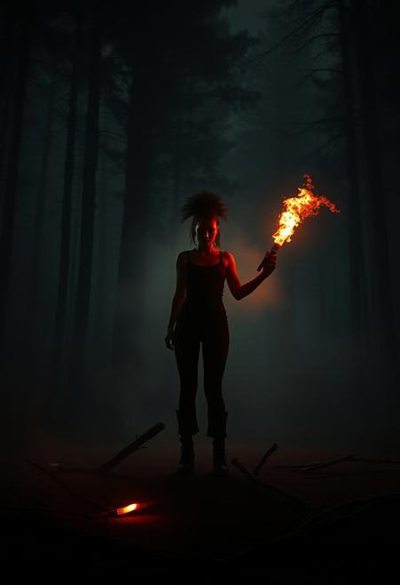 A dark and terrifying scene inspired by classic horror films. Picture a secluded, fog-covered lake in the woods at night, with towering trees casting long shadows. In the center of the scene stands a menacing feminine figure with a wild Mohawk, holding a flamethrower in one hand, surrounded by eerie, flickering lights. The figure’s silhouette is partially obscured by mist, creating a sense of dread and anticipation. Broken branches and ominous shapes are scattered across the ground, hinting at a recent struggle. The atmosphere is heavy with tension, fear, and the looming threat of violence, evoking the unsettling mood of iconic slasher films.