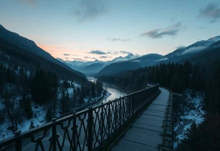 medieval, D&D, real photo, 4k, high contrast, vibrant colours, movie still, pre-dawn, rich colours, view from a bridge looking over a cold river, mountains and forests