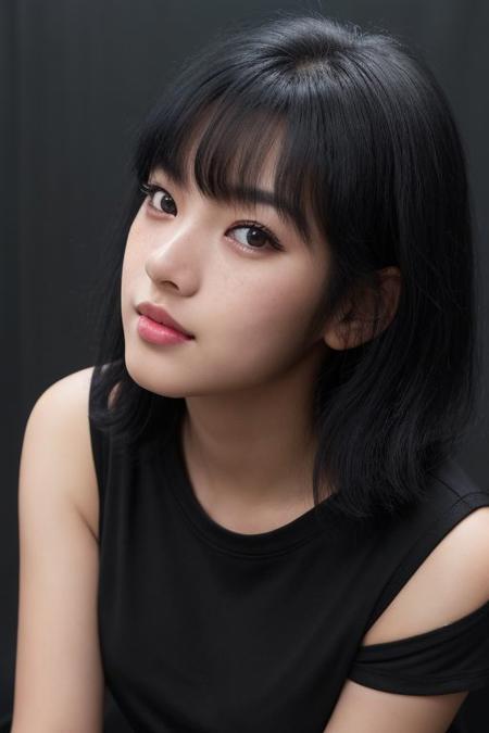 (Cute korean girl), (a black oversized t-shirt with no prints texts or designs:1.3), (black oversized t-shirt:1.4), (black shorts:1.3) clear beautiful eyes, (smiling), (light leaks),(micro waist:1.2), shiny skin,blush,eyeliner,eyeshadow,eyelashes,sweating,blush, beautiful senary, freckles on the face, (glossy lips:1.25), plump lips, big lips, (dark makeup:1.25), detailed eyes, innocent face, beautiful face, symmetrical face, high arch eyebrows, (sharp eyes:1.25), (lip glossed:1.25), (blush:1.25), (sharp facial features:1.25), shine skin, (shine black hair:1.5), (lush black hair:1.25), (side black hair:1.25), (mussed black hair:1.25), (fluffy black hair:1.25), medium black hair, (manicure, black nail polish:1.2), (torso view:1.3), (cinematic lighting:1.2), (volumetric:1.2), (looking at viewer:1.3), masterpiece, best quality, extremely detailed, detailed, (epic realistic1.4), (hdr:1.4), (dark shot:0.7), intricate details, intricate, cinematic, highres