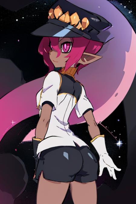 Psychic, short  lavender hair , pink eyes, pointy ears ,dark skin ,butt,
white shirt, black shorts, 
outer space, milky way, stars, open military base, 
(insanely detailed, beautiful detailed face, masterpiece, best quality)       <lora:Psychic:0.8>