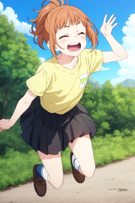 kirishimauta, 1girl, solo, closed eyes, yellow shirt, :d, black skirt, teeth, blue sky, socks