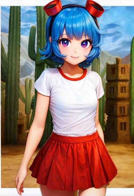 (masterpiece:1.4), (best quality:1.4), (high resolution:1.4), cartoon style,  young, FridaSuarezv1.5 <lora:FridaSuarezv1.5:0.7>, teenager, red miniskirt, white shirt, red goggles, smile, short blue hair, looking at viewer, detailed face, detailed eyes, small breasts, cowboy city in the desert, moonlight, cactus, desert town, <lora:add_detail:0.5>