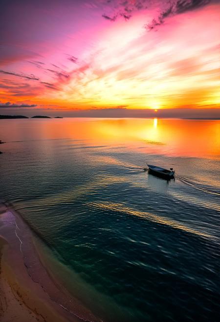 A serene seascape during sunset, soft golden light reflecting on gentle waves, vibrant orange to pastel pink sky, delicate clouds, faint silhouettes of an island and small boat in the distance, peaceful atmosphere with softly crashing water on the shore, warm and tranquil scene evoking divine guidance, heavenly glow illuminating the horizon