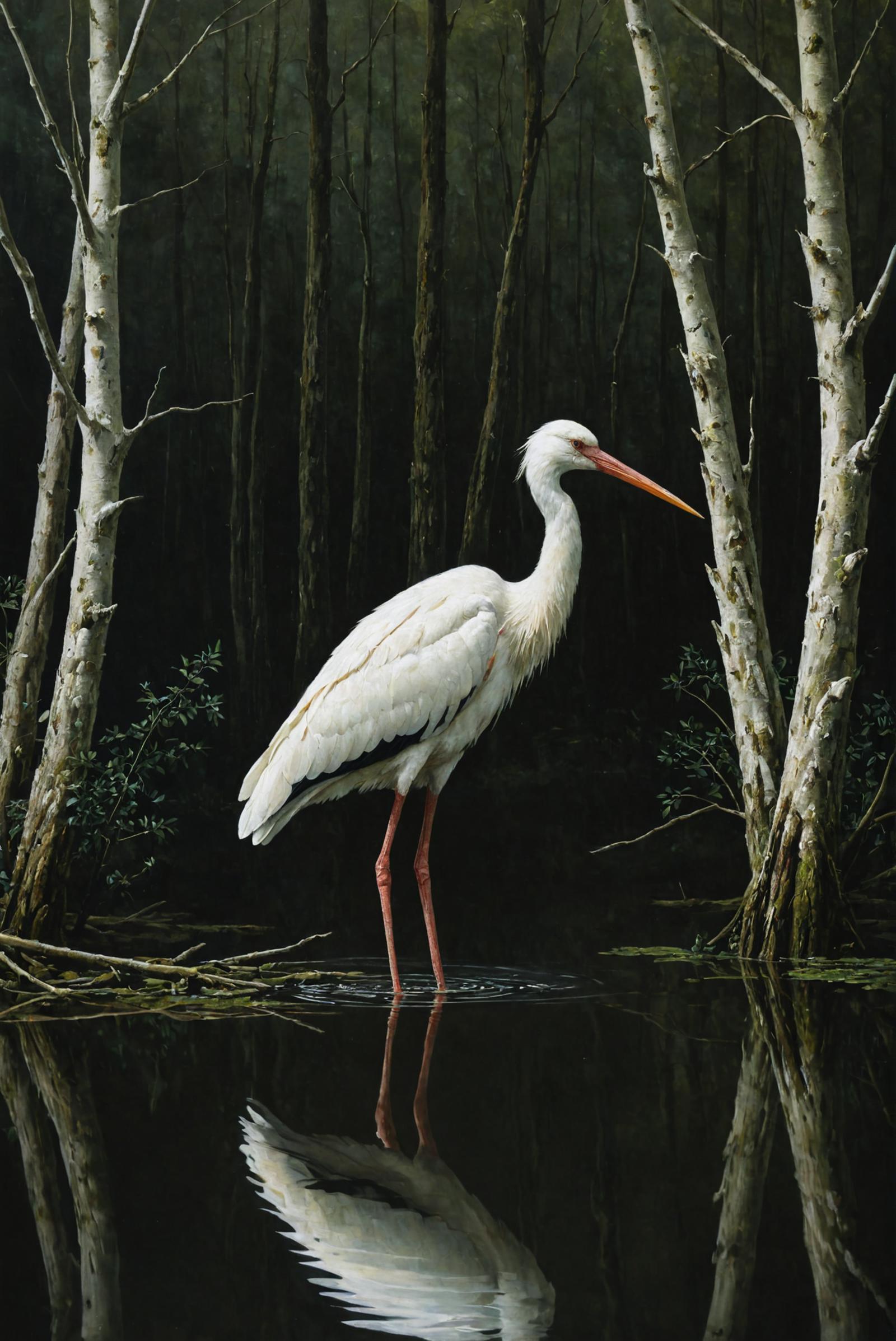 White Bird Standing Tall in Reflection of Water, Surrounded by Trees