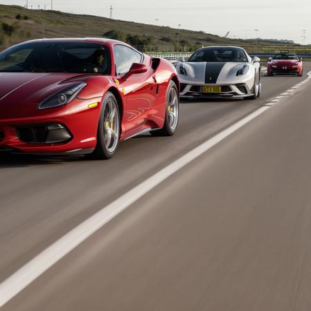 Photograph of a red Ferrari racing on a highway with other cars <lora:ReaPhoLoRA-10:1>, (good composition), (in frame), centered, 8k, 4k, detailed, attractive, beautiful, impressive, photorealistic, realistic, cinematic composition, volumetric lighting, high-resolution, vivid, detailed, stunning, professional, lifelike, crisp, flawless, DSLR, 4k, 8k, 16k, 1024, 2048, 4096, detailed, sharp, best quality, high quality, highres, absurdres