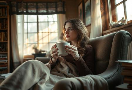 A high quality photo of a beautiful young woman sitting in arm chair in a cozy cottage, she is drinking a large ceramic cup of hot tea that is steaming, holding cup with both hands, she has thin blanket around her and is sitting relaxed with her legs up, blanket over feet, cozy, looking out the window, sunbeams through the windows, dust in the air, effortlessly chic, beautiful, serene, detailed, slightly cluttered environment with books and paper. High detail, heavy use of depth of field, 4k, super realistic, real photo, shot on Canon, camera