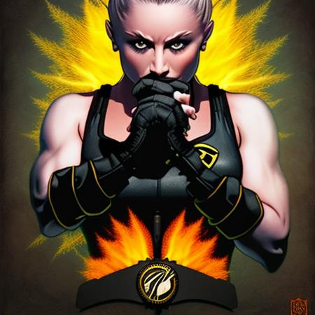 a full body portrait of a woman wearing black mma bra and gloves, blonde ponytail hair, pretty face, focus on face, art by newhorrorfantasy_style