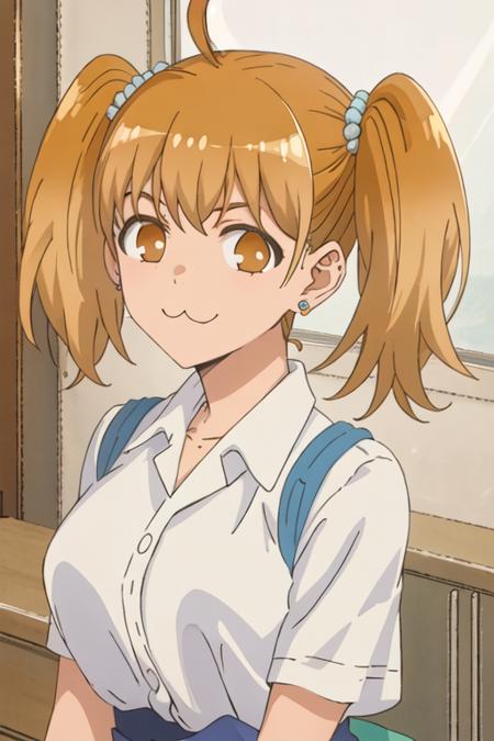 best quality, masterpiece, highres, solo, {yoshi_donttoywithmemissnagatoro:1.15}, twintails, brown_eyes, earrings, jewelry, ahoge, :3, hair_ornament, smile, blonde_hair, orange_hair, brown_hair, 2girls, multiple_girls