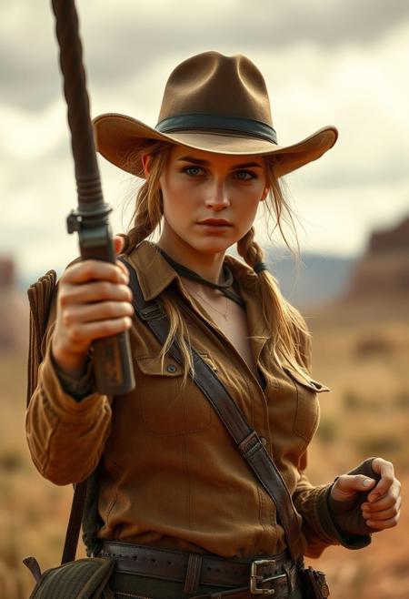 Ultra realistic cowboy shot of a female Indiana Jones.