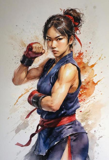 by Shotaro Ishinomori, silat female fighter, (shiny, artstyle-watercolor but extremely beautiful:1.4), (intricate details, masterpiece, best quality:1.4) , in the style of nicola samori, 
street fighter style 2D art, Vibrant, dynamic, arcade, 2D fighting game, highly detailed, reminiscent of Street Fighter series,, looking at viewer