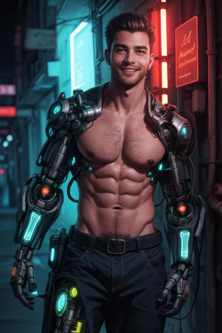 masterpiece, male cyborg, alley, neon lights, robotic parts, revealing, shirtless, huge pecs, hairy, seductive smile, HDR, 8K, absurdres,