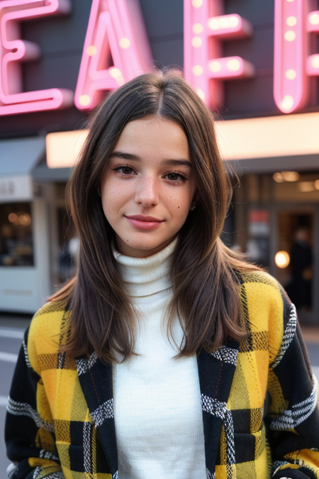 KiriaMalheiros, (upper body, woman with a necklace with a neon sign in the background, ((plaid wool jacket, turtleneck, statement jewelry)), makeup, character album cover, psychedelia style, joy, promotional photoshoot, Vogue magazine cover style, promotional render, center parted curtain bangs), Paris street background