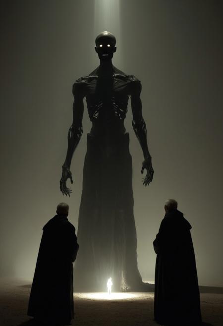 This image is a CGI-rendered, surreal scene featuring a group of shadowy, ethereal figures bathed in a warm, ethereal light. The scene appears to be set in a mystical, otherworldly environment. The central figure on the right is a tall, imposing humanoid figure with an elongated, almost skeletal appearance. Its skin is a dark, almost black color, and its face is elongated with glowing, eyeless sockets. This figure's body seems to be made of a material that reflects and diffuses light, giving it an ethereal, almost translucent quality.
To the left, a group of figures, also with elongated, shadowy forms, stand in a semi-circle. They are dressed in dark, flowing robes, their faces obscured by shadows. The one closest to the center is an older man with a white beard, wearing a long, dark coat, and his eyes are closed, suggesting contemplation or prayer. The light source, likely a warm, golden glow, filters through the misty atmosphere from the right side, casting dramatic shadows and illuminating the figures from behind, creating a halo effect around them.