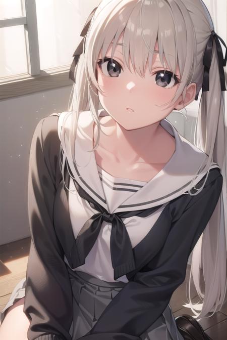 sora kasugano, ahoge, (black eyes:1.5), hair between eyes, hair ribbon, long hair, twintails, black ribbon, white hair, dress, long sleeves, white dress, long skirt,  black footwear, black pantyhose, grey ribbon, grey skirt, loafers, long sleeves, miniskirt, pantyhose, pleated skirt, sailor collar, school uniform, serafuku, shoes, skirt, white sailor collar, white serafuku,