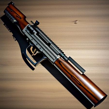 Create a highly detailed, photorealistic image of an AK-47 assault rifle, featuring every intricate component of the weapon. The rifle should be positioned at a slight angle, showing off the wood grain of the stock, the metallic shine of the barrel, and the intricate mechanics of the trigger and magazine. The metal parts should have a slightly worn, battle-tested appearance, with visible textures such as scratches and slight rust in some areas. The wooden stock should have a rich, warm tone with visible grain patterns, while the steel components are a mix of matte and shiny finishes. The background should be simple, a soft neutral color, allowing the AK-47 to be the central focus of the image. The lighting should highlight the contours and details of the rifle, creating depth and emphasizing its realistic texture and design. The overall image should evoke a sense of power and precision, with attention to every fine detail of the weapon