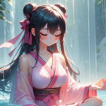 (((masterpiece))),  (((best quality))),  (((takigyo))),  (((mudra))),  (((close hands together))),  (((meditation under water))),  (((falling water hitting body))),  close eyes,  pink see through hanfu,  solo,  1girl,  big tits,  sweat,  ribbon,  twin bun hair,  shy,  blush,<lora:EMS-277088-EMS:1.200000>