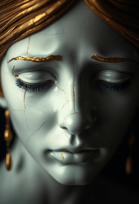 Closeup of a Cracked Porcelain woman, sad face, gold hair, kintsugi, cracks repaired with gold, golden tear drops, surrealistic, dark background, dramatic light