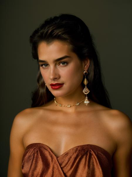 A beautiful br00k3s woman, 1girl,solo,long hair,blonde hair,simple background,brown hair,dress,bare shoulders,jewelry,collarbone,earrings,mole,lips,strapless,makeup,traditional media,red dress,lipstick,strapless dress,hands on hips,realistic,soft lighting, professional Photography, Photorealistic, detailed, RAW, analog, sharp focus, 8k, HD, high quality, masterpiece<lora:br00k3s:1.0>