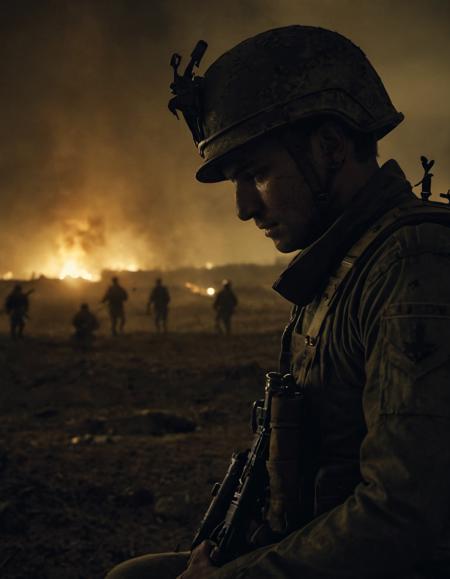 Punishment for sin unfolds in a nightmarish landscape. <lora:god rays:0.6>, a soldier after the war, Cinematic photography, movie mood, cinematic light, compelling composition, storytelling elements, conveys emotion, mood, and narrative depth, creating visually striking images that feel like still frames from a film