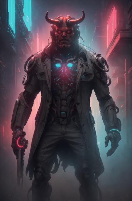 (1boy),muscular hellboy man with giant long horn wears coat jacket,red skin, cut horns,long black hair,<lora:1ARWhellboy:0.8>,
(<lora:CyberPunkAI:0.33> CyberpunkAI, neon,wearing <lora:edgMechagirl1:0.5> edgMechagirl, wearing edgMechaGirl cyber armor),<lora:ClothingAdjuster3:-0.5>,<lora:time_slider_v1:4>,
(solo focus), (face focus, upclose), Standing, Confused facial expression , power fist ,holding a revolver,
cyberpunk,neon,dystopian,futuristic,cable, wires, tube, concrete, neon lights, science fiction,(best quality, masterpiece, absurdres), extremely delicate and beautiful, perfect sharp focus, delicate,
background Futuristic dystopian city viewpoint displaying bioengineered glow-in-the-dark butterflies, at Sunset, ,
<lora:uv:0.65>,<lora:1epi_noiseoffset2:0.5>,,<lora:EnhancedDetail:1>,<lora:chromatrex:0.25>,<lora:hotarublur_v100:0.8>,<lora:light:0.8>,,,,,,