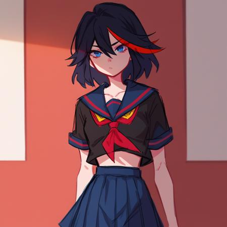 matoi ryuuko, school uniform, black serafuku, suspender skirt matoi ryuuko b, senketsu, revealing clothes, thighhighs, suspenders, skirt