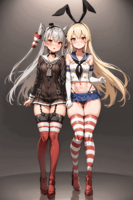 side-by-side, 2girls, full body, looking at viewer, looking at another, simple background, white background,
shimakaze, black highleg panties,cropped serafuku, blue miniskirt, white elbow gloves, , rudder boots, standing, shimathighhighs
BREAK
amatsukaze, choker, blush, brown sailor dress, full body, garter straps, rudder shoes, see-through, standing, standing on one leg,  waist hug, hands on another's arms, smokestack hair ornament, amatsuthighhighs, side-tie panties