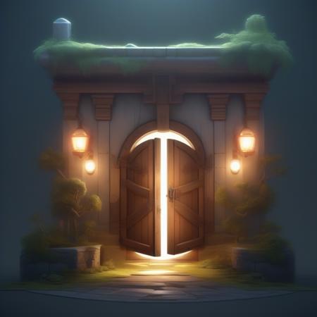 ecret door, landscape,  cinematic lights, atmosphere with illuminated fog, semi 2D, isometric style,<lora:isometric-v1:1>