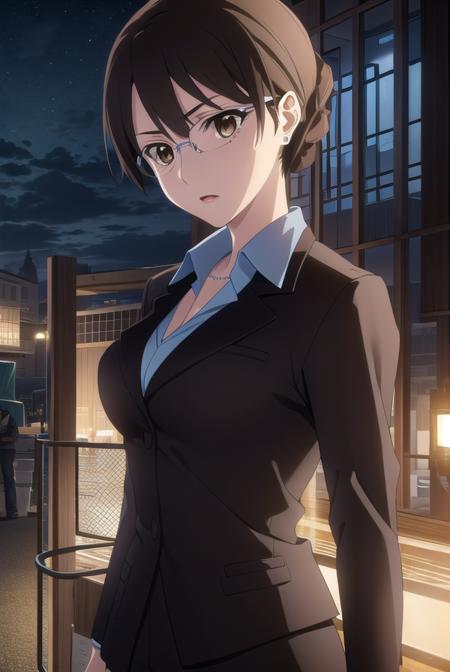 akikikuchihara, <lora:aki kikuchihara s1-lora-nochekaiser:1>,
aki kikuchihara, brown hair, (brown eyes:1.5), glasses, mature female,
BREAK jewelry, earrings, necklace, formal, suit, lipstick, office lady,
BREAK outdoor, city, night, sky, buildings, moon, clouds,
BREAK looking at viewer, (cowboy shot:1.5),
BREAK <lyco:GoodHands-beta2:1>, (masterpiece:1.2), best quality, high resolution, unity 8k wallpaper, (illustration:0.8), (beautiful detailed eyes:1.6), extremely detailed face, perfect lighting, extremely detailed CG, (perfect hands, perfect anatomy),