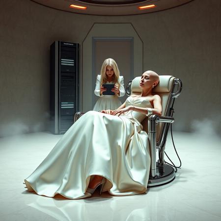 A slender, totally bald, arrogant  rich norvegian bride, reclined in a polished steel restraint fetish chair, dressed in a luxurious, rich fantasy satin wedding gown with a fitted, boned corset accentuating her ultra-thin waist. and a full, flared skirt, paired with satin high heels, orgasm face. The massive electrodes holding her head pressed to the steel restraint chair headrest,  cabled to a  futuristic superconputer rack. Her hands and ankles are bound to the steel restraint chair   by massive steel restraints,   weird fog from the floor.  (Tall french maid at background   holding her blonde long haired wig.) The scene is set in a sterile, empty chamber, with a glossy mother-of-pearl finish, evoking a sense of futuristic dread. Inspired by the cinematic styles of Ridley Scott, Guillermo del Toro, and H.R. Giger, with a blend of sci-fi and horror elements, this full-body portrait is a masterpiece of cinematic storytelling, shot on a virtual v-raptor XL camera, with a warm, film-grained aesthetic, subtle vignette, and rich color grading, reminiscent of 35mm film, with dramatic, atmospheric lighting, inviting the viewer to immerse themselves in this epic, stunning scene.