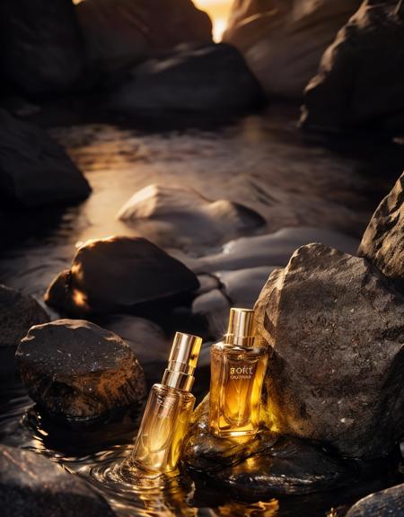 anse,Men's perfume, rocks, water, bright light,octane render, unreal engine, film grain, bokeh, blur foreground, blur background,gradient background,blur