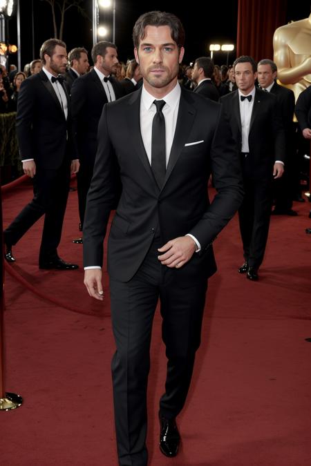 <lora:Wrecks-10:0.6> Wrecks wearing a black Armani suit, walking red carpet at Oscar's