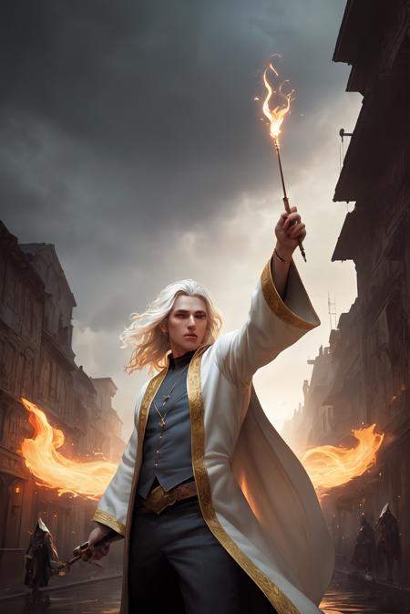 photorealistic photo of a handsome young male wizard, white wizard shirt with golden trim, white robe moving in the wind, long white hair, fully clothed, perfect face, handsome, (perfect composition:1.4), deviantart hd, artstation hd, concept art, detailed face and body, award-winning photography, margins, detailed face, detailed hands, ,backlight, 12k ultrarealistic, ray tracing, intense gaze, looking at the viewer, cinematic lighting, art by Grzegorz Rutkowski, embers, high fantasy background, action pose, hands up to 90 degrees, holding a small magic wand, water splash, misty