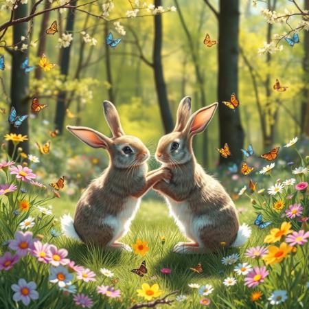 Two bunnies playing with each other in a bright forest clearing. There are many flowers and butterflies. It is a sunny spring day.