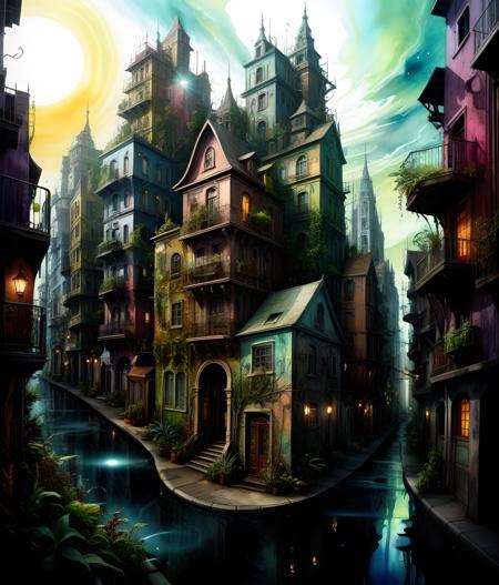 visually striking surreal 3d supernatural fantasy city, buildings and a bright light at the end of the street, lot of plants, a detailed painting, fantasy art, alcohol ink on quicksilver, deep rich colors, trompe-lâÅil, Victor Anton,