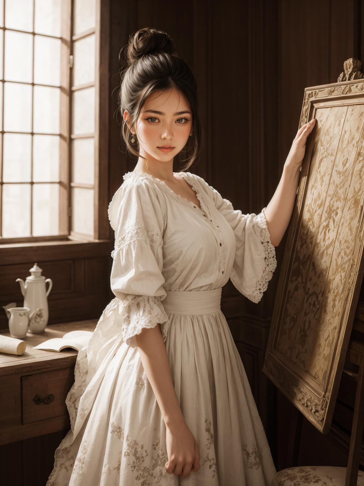 Woman in a white dress standing next to a picture frame.