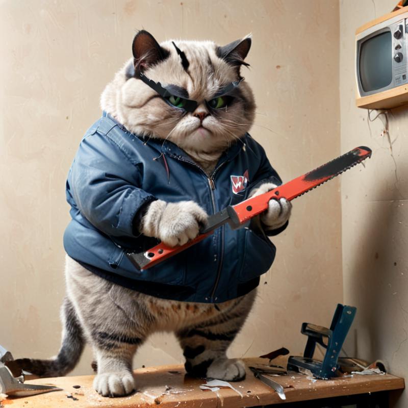 A fat cat wearing a blue jacket is holding a red saw.