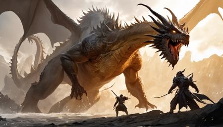 Cinematic scene, adventurers battling a giant scary dragon, detailed background, masterpiece, best quality, high quality, absurdres <lora:guild_wars_2_v0.0.2:1>