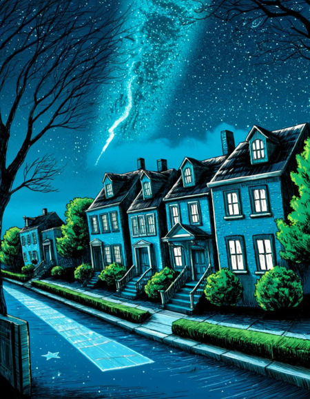 t1md0yl3, outdoors scenery, no humans,
a street running through a row of houses houses, liminal space, 
leaf blowing in the wind,
peaceful, serene, sky, tree, window, night, border, building, star (sky), night sky, starry sky, stairs, door, bush, suburbia, 
<lora:tim_doyle-SDXL-v1:1>