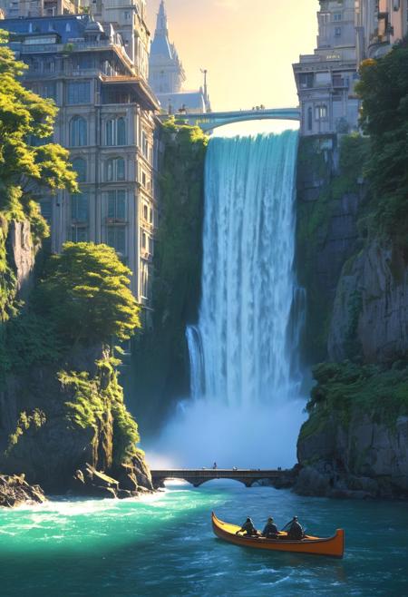 (Hyperdetailed Matte Painting:1.4), Render the scene in a hyperdetailed 8K matte painting style, capturing the intricate details of thePanoramic night scene of a sci-fi city inspired by Studio Ghibli and Alphonse Mucha. A majestic waterfall cascades down a central skyscraper, its water illuminated by the moonlight. Intricate details on the waterfall evoke Mucha's Art Nouveau style. The cityscape stretches out on either side, bustling with futuristic activity. Selective focus blurs the background, drawing attention to the waterfall and the city in the foreground. The scene is incredibly detailed, high quality, and in 4K resolution.
venetian type rowing boat in the middle
Emphasize the epic scale of the metropolis and its surrounding environment, while hinting at the mysteries of the lost civilization that built it.
