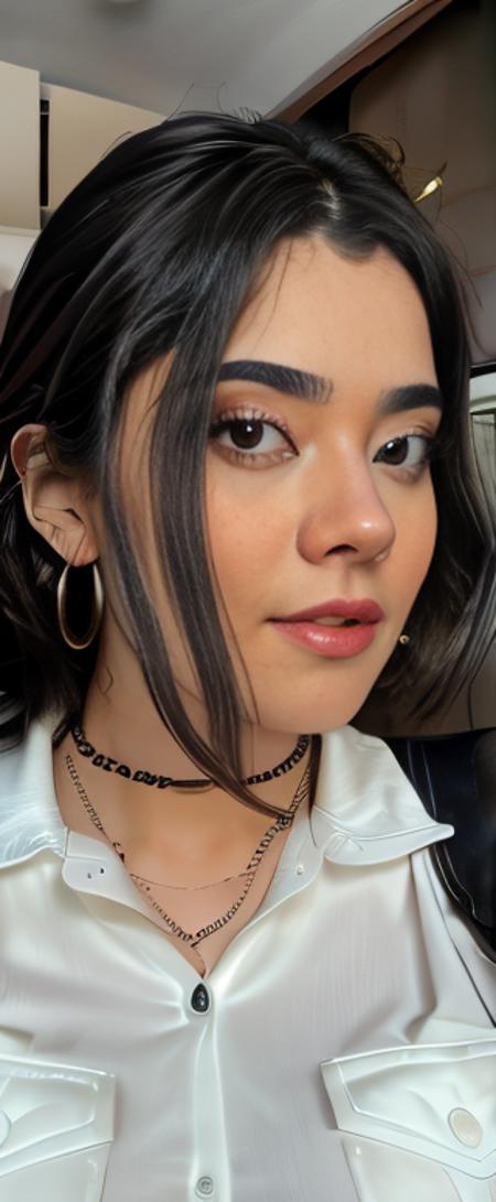 <lora:lyndaparraV2-15:1> a  woman , woman in a casual suit, taking a selfie, with black hair, pretty face , 25 years old