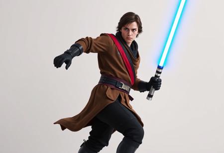 A cinematic photorealistic render of a person in a dynamic action pose, wearing a highly detailed Star Wars-themed costume. The costume features a brown jacket with a red and black sash, black pants, black gloves, and black boots. The textures are incredibly lifelike, showing fine stitching and fabric wear. In their right hand, a blue lightsaber glows intensely, casting captivating lighting on the figure and the environment. They stand against a stark, clean white wall background. Captured with impeccable composition using the Golden Ratio, a creative angle emphasizes the dramatic movement. This is a well-timed moment, rendered in high-res 4K with exceptional quality, lifelike details, super detailed face and eyes, handcrafted with precision. Rendered in the style of Octane Render and Unreal Engine 5, Trending on ArtstationHQ, CGSociety.