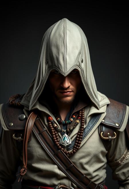 Assassin's Creed Character, pirate costume, leather armour, tribal necklaces,  masterful studio photography